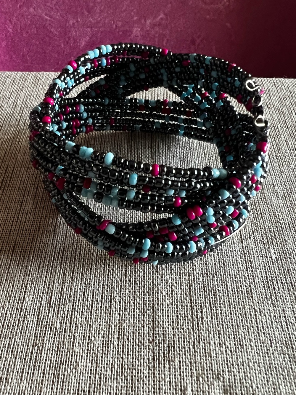 Wide Beaded Cuff Bracelet Boho Braid Wire Wrap Pink Baby Blue Multi Layer Flex